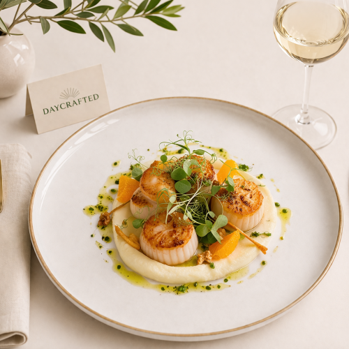 Elegant seafood plating with wine and decor