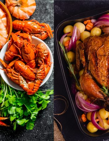 Cooked shrimp, crayfish and crab with parsley. On dark rustic background