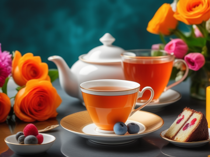 elegant-cup-of-tea--cake-and-bouquet-of-flowers--beautiful-composition--studio-shooting--high-de-707851551